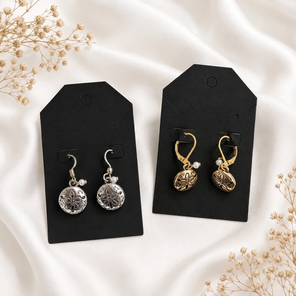 Sand Dollar Drop Earrings Set Silver and‎ Gold Tone Coastal Beach Faux Pearl